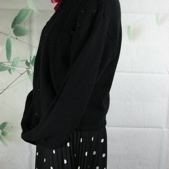 Liz Wear Black Sequin Cardigan 50s look Retro sweater button front Lg L/S wool - Picture 4 of 16